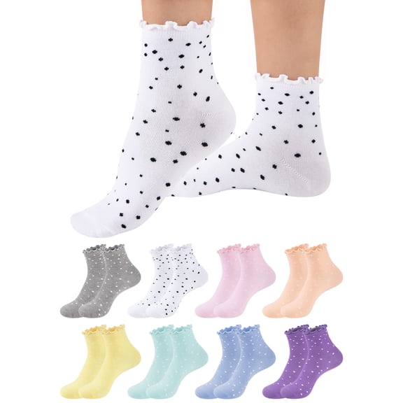 ARWSER 8 Packs Women Socks Quarter Short Casual Cute Wooden Ear Edge Polka dot Socks for Female
