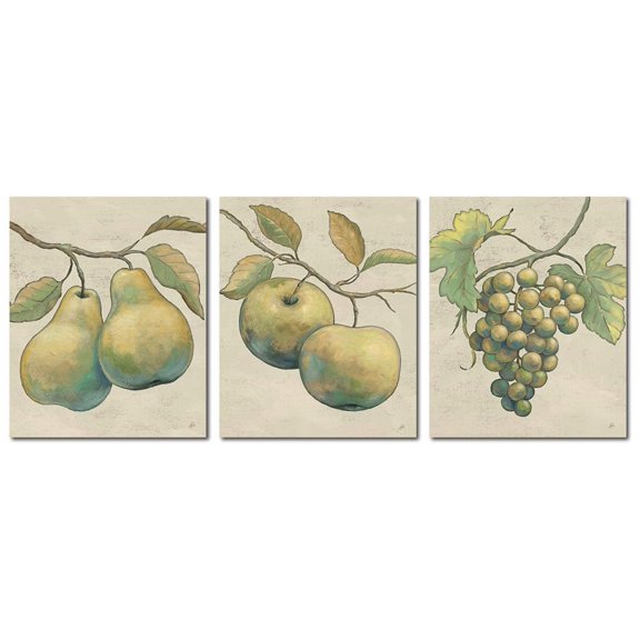 Lovely Beige and Green Grapes, Pear and Apple Fruit Set by Daphne Brissonnet; Three 8x10in Paper Posters