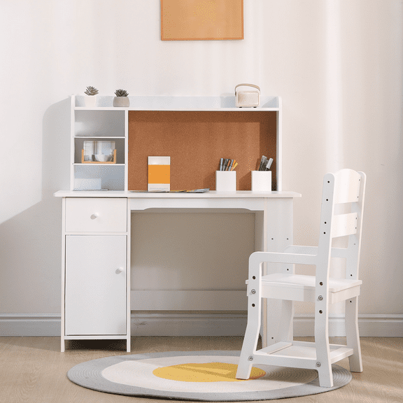 Kids Desk With Chair And Storage Drawers, Cork Bulletin Board, Student Computer Workstation Writing Desk for Preschoolers
