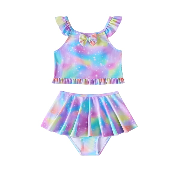 Kucnuzki 4T Toddler Girl Swimsuit Set 5T Child Beach Swim Wear Ruffle Halter Top Skirt Bottoms Bikini Set Bathing Suit 2pcs Tankini Sets Blue