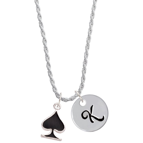 Delight Jewelry Silvertone Card Suit - Black Spade Silvertone Script Initial Disc - K - Charm Necklace, 20"+3"