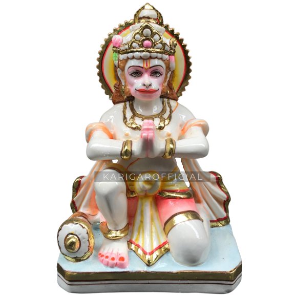 KARIGAROFFICIAL Hanuman Statue Marble Murti Beautiful Gold Leaf Bajrang Bali Figurine Large 9 inches Hand Painted Blessing Hanuman Idol Hindu Monkey god of Devotion, Small Home Temple Sculpture Gifts