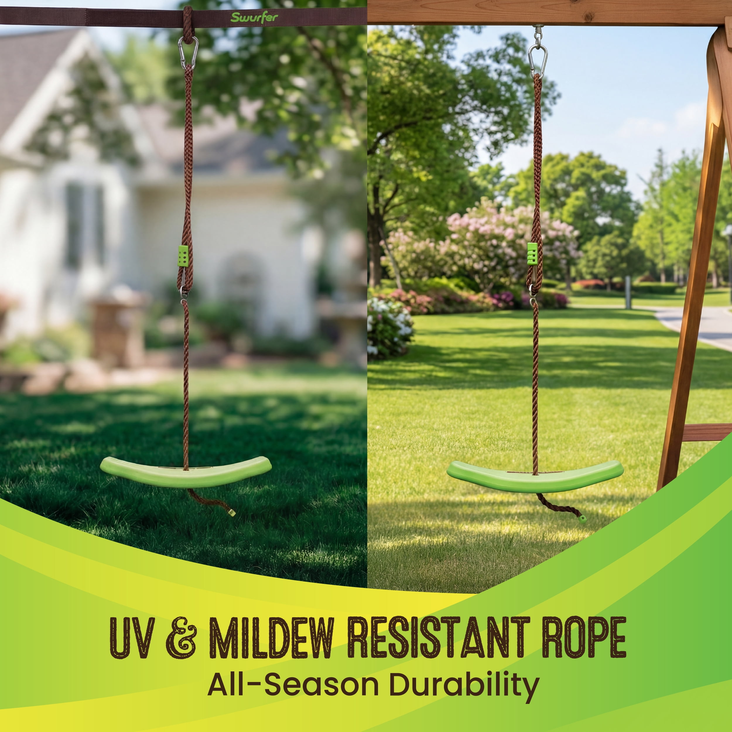 Swurfer Tree Swing Sets for Backyard - Outdoor Swing Seat for Kids, Swingset Outdoor Playset, Easy Installation, Durable, Heavy Duty Braided Rope, Weatherproof, Up to 150 lbs, Ages 4+, Green/Brown