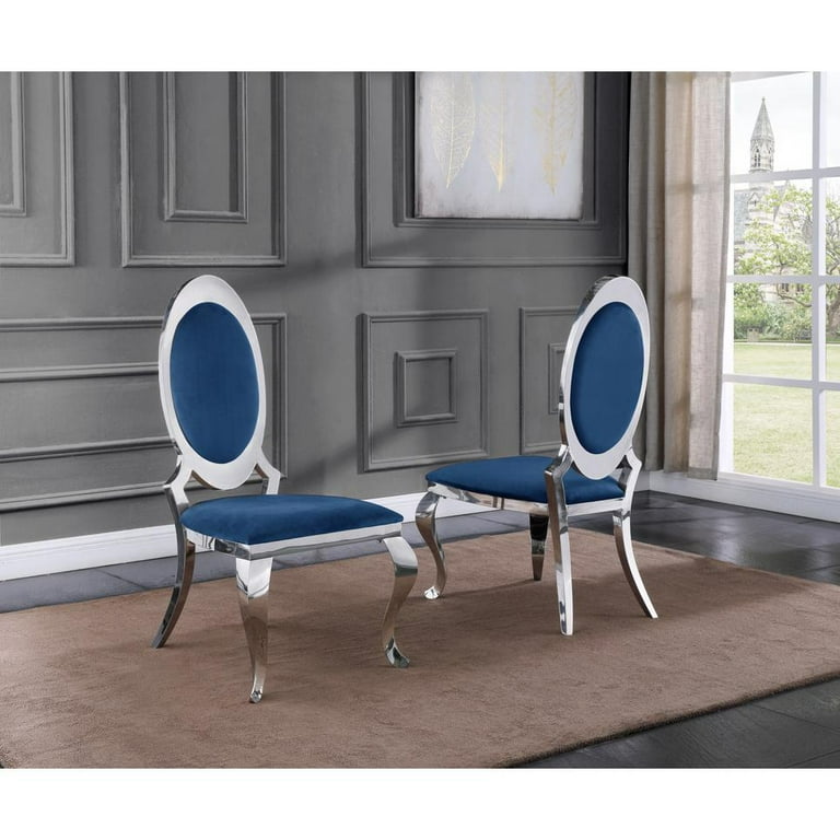 Classy Round Back Navy Blue Velvet Side Chairs with Silver Legs Set of 2