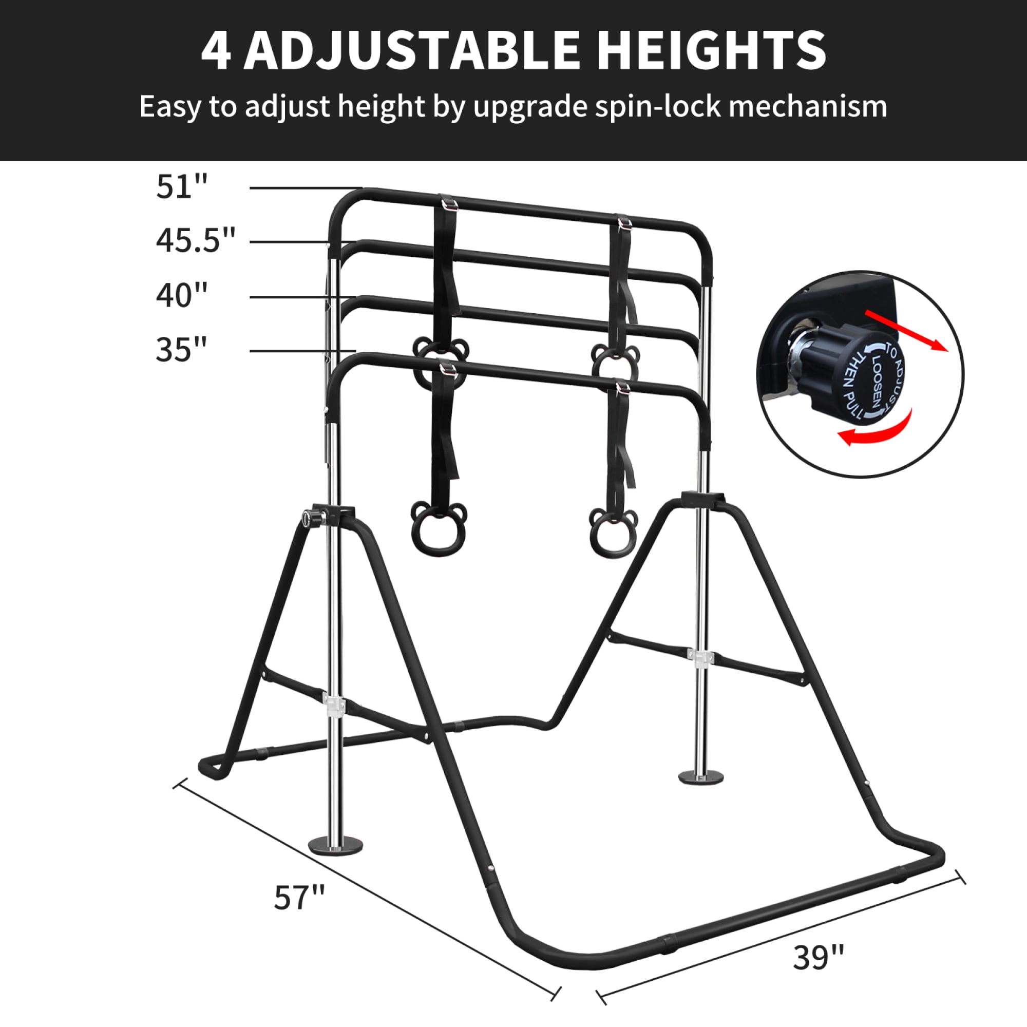 Gymnastics Bar for Kids,Adjustable Height Gymnastic Horizontal Bars with Bear Rings,Folding Junior Training Kip Bar for Kid Gymnasts, Child, Girl, Boy,Black
