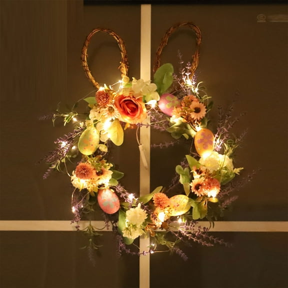 TOPRenddon Easter Wreath Decorations, with Eggs, Spring Artificial Flowers, Led-Light String, Front Door Outside Porch Decor for The Home