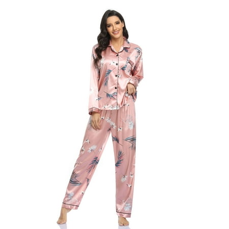 

YJ.GWL Women Silk Satin Pajama Set Button Sleepwear Homewear Nightwear 2Pcs Set