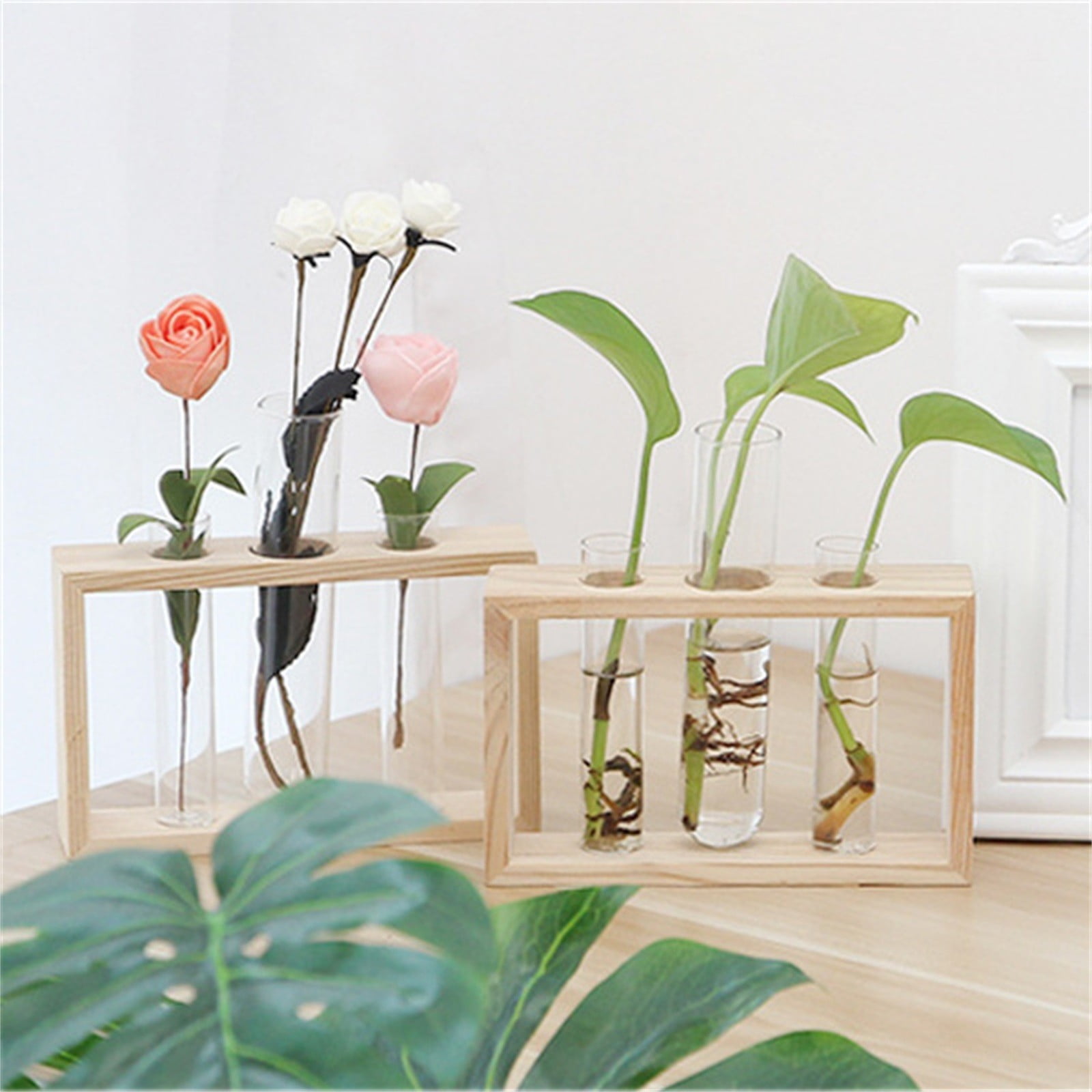 HIBRO Plant Terrarium With Wooden Stand Air Planter Bulb Glass Vase