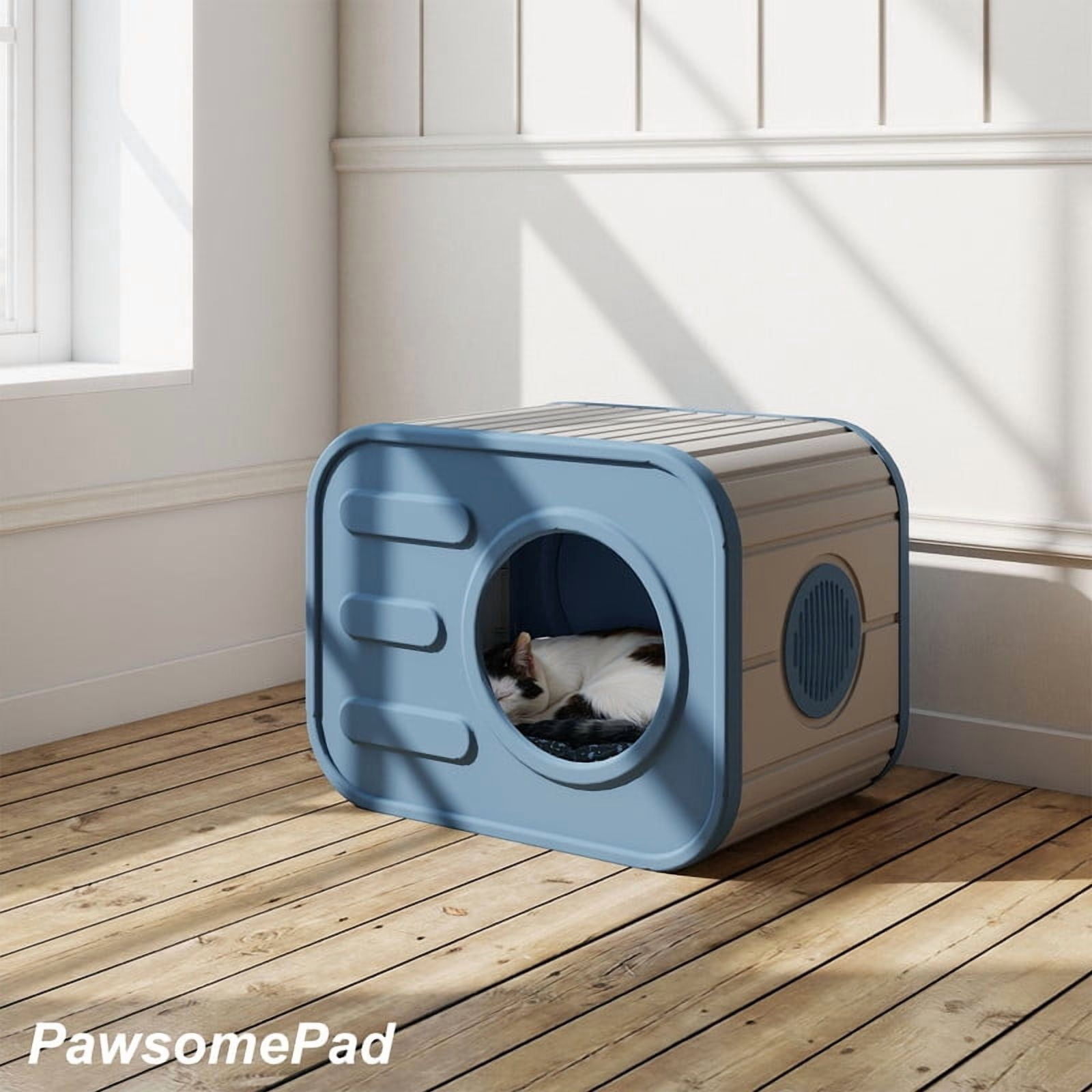 PawsomePad Outdoor Cat House, Weatherproof Resin Cat Shelter with Camera-Shaped Design for Bedroom, Yard, Patio, Blue