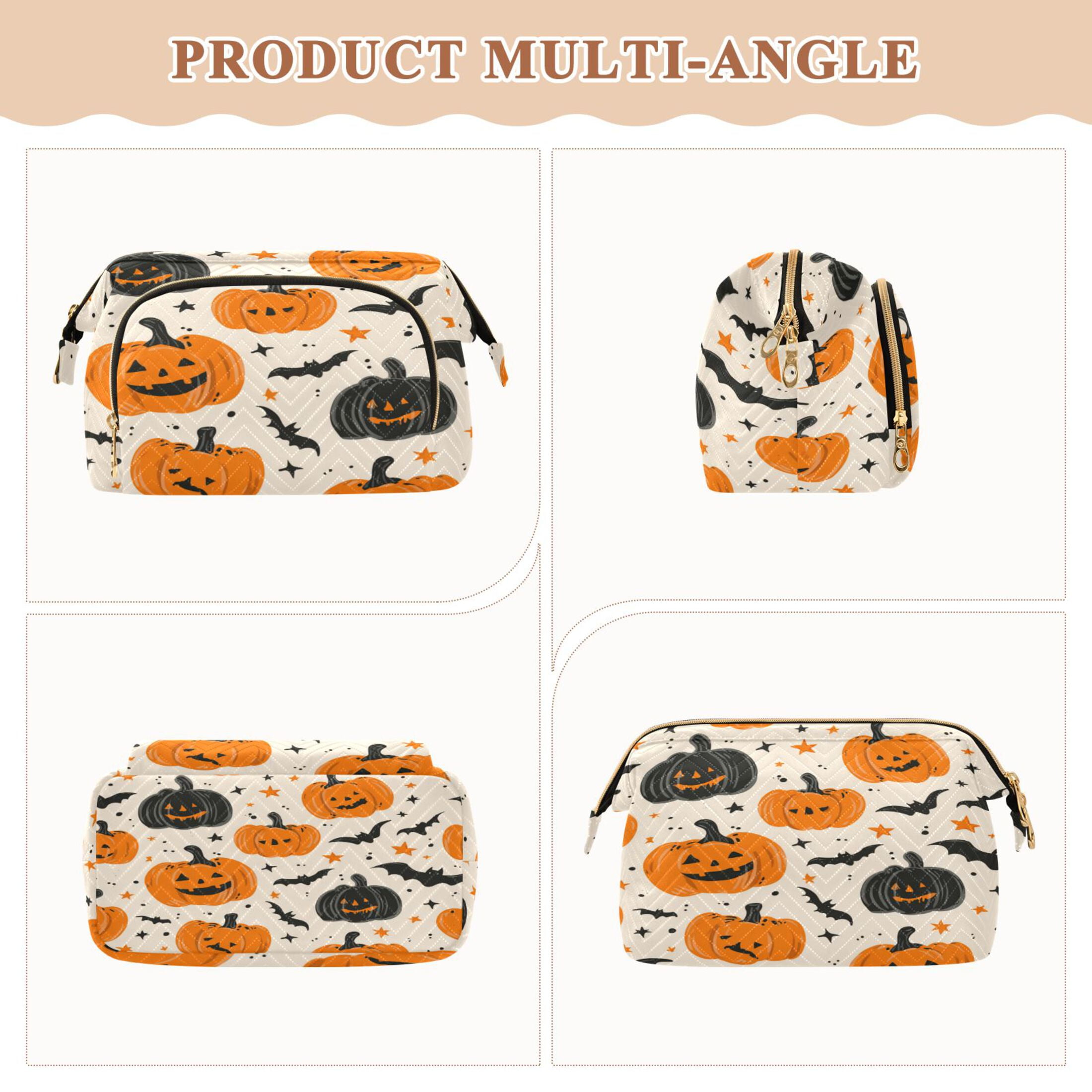 Wavy Quilted Cosmetic Bag Large-Capacity Travel Toiletry Organizer Includes 9-Piece Portable Travel Bottle Set Cartoon Halloween Pumpkins and Bats