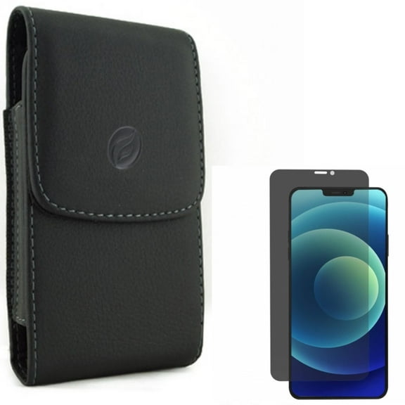 Case Belt Clip & Privacy Screen Protector for iPhone 12 Pro Max ONLY - Leather Holster Cover Pouch Vertical   Tempered Glass Curved Anti-Spy Anti-Peep 3D Edge Combo