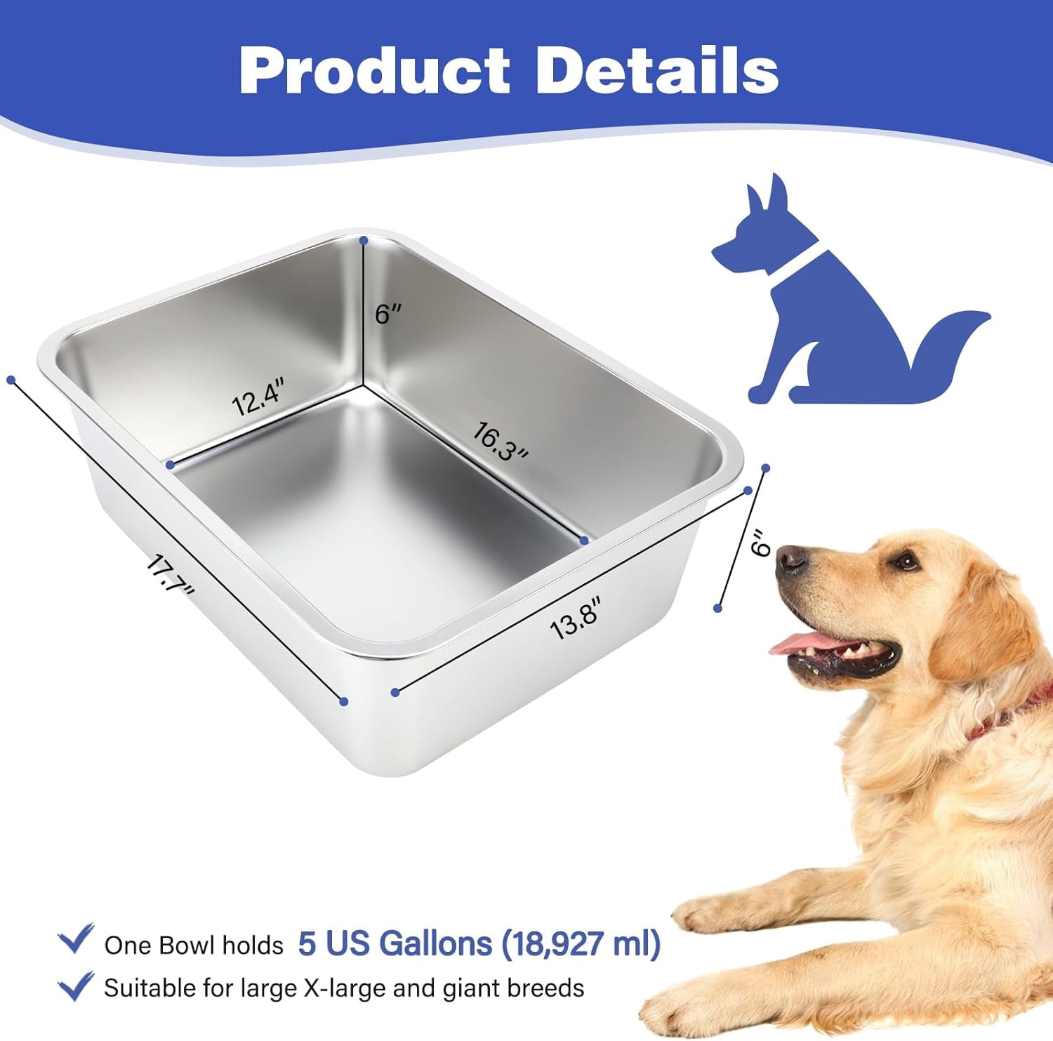 TJOUL 5 Gallons Large Dog Water Bowl, Stainless Steel Metal Dog Bowls, Large Capacity Pet Food Bowl Water Dish for Indoor and Outdoor Universal for Giant Dogs
