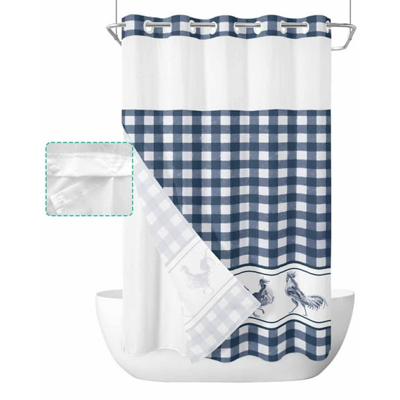 No Hook Shower Curtain with Snap in Liner, Farmhouse Chicken Retro Blue Watercolor Plaid Hotel Shower Curtains for Bathroom, Washable Shower Curtain Liner Set with Mesh Top Window, 36"x72"