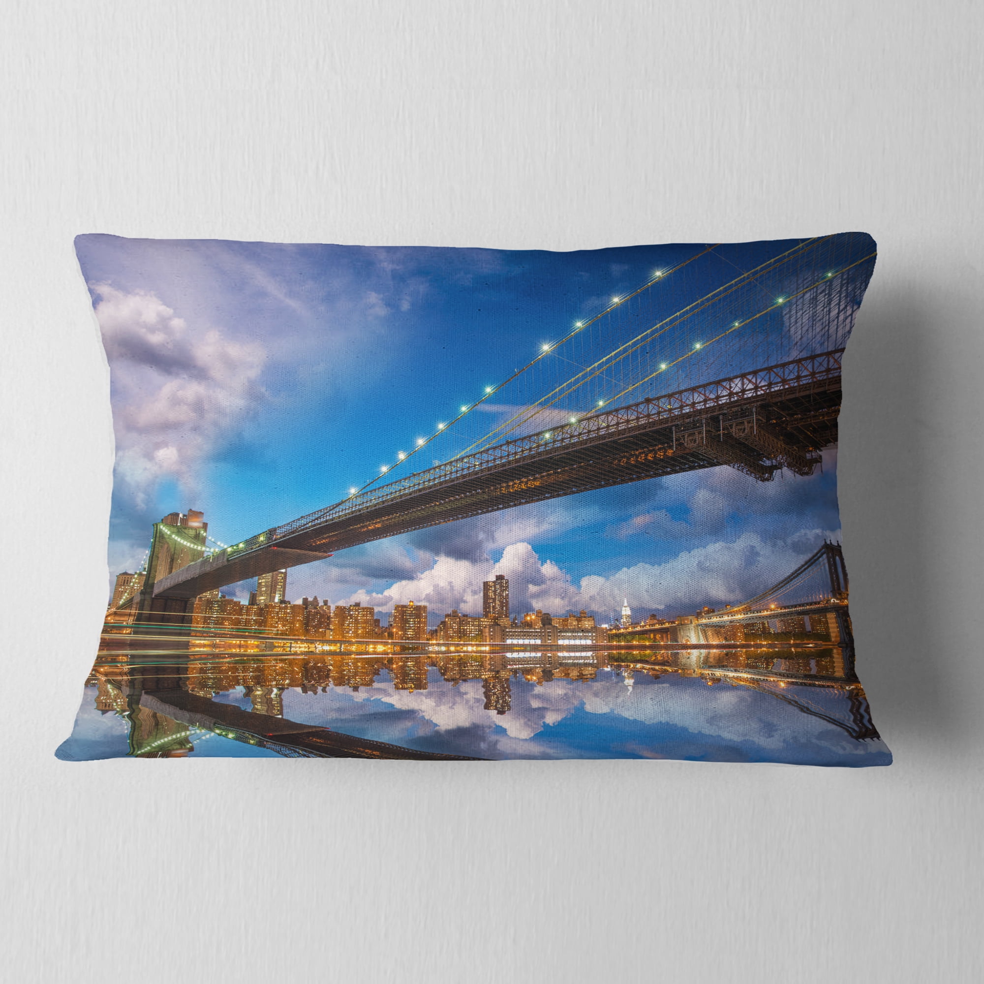 Designart Sunset Over Brooklyn Bridge - Cityscape Photo Throw Pillow - 12x20
