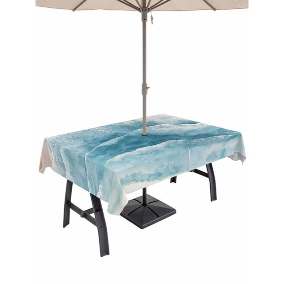 Outdoor Tablecloth with Umbrella Hole for Patio/Picnic/Party/Camping, Blue Waves Abstract Waterproof Table Cloth Rectangle Table Cover Washable, Boho Summer Beach Coastal Ocean Beach (54"x 80")
