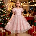 thumbnail image 4 of Girls Tulle Princess Dresses Trendy Embroidery Flower Lace Puff Sleeve Crew Neck Gown for Pageant Wedding Birthday Party Graduation Dance Prom Pink 5-6 Years, 4 of 6