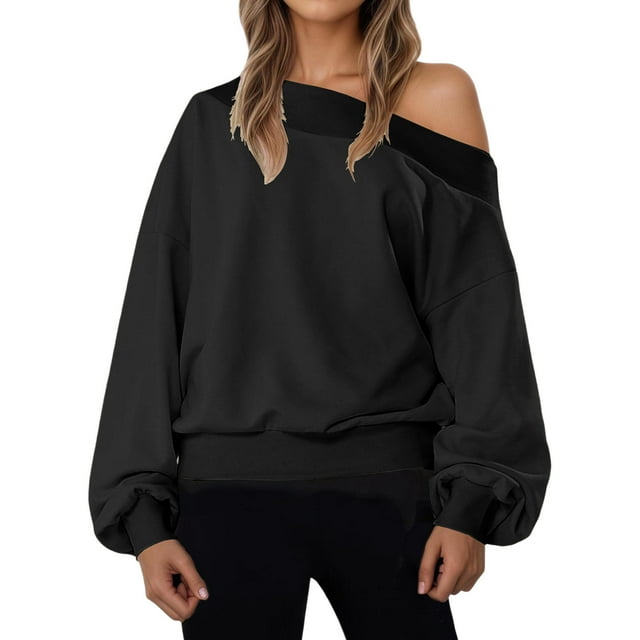 Womens Off Shoulder Sweatshirt Drop Shoulder Long Sleeve Sweatshirts Fashion Comfortable Solid Color Pullover Tops Black S