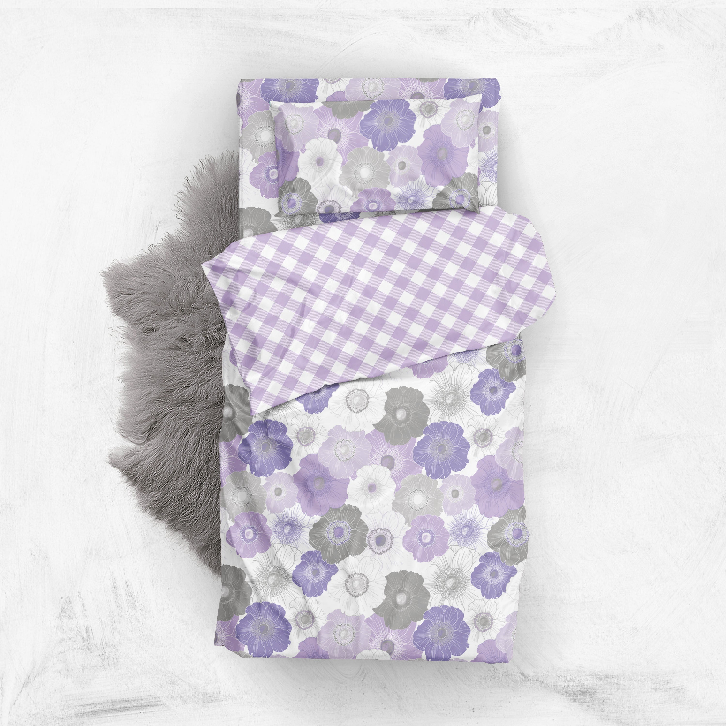 Bacati - 5 pc Toddler Bedding/Sheet Set 100% Cotton Percale, Watercolors Flowers Purple Gray