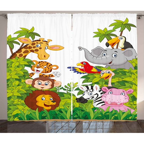 Nursery Curtains 2 Panels Set, Cartoon Style Zoo Animals Safari Jungle Mascots Collection Tropical Forest Wildlife, Window Drapes for Living Room Bedroom, 108W X 108L Inches, Multicolor, by Ambesonne Nursery Curtains 2 Panels Set, Cartoon Style Zoo Animals Safari Jungle Mascots Collection Tropical Forest Wildlife, Window Drapes for Living Room Bedroom, 108W X 108L Inches, Multicolor, by Ambesonne