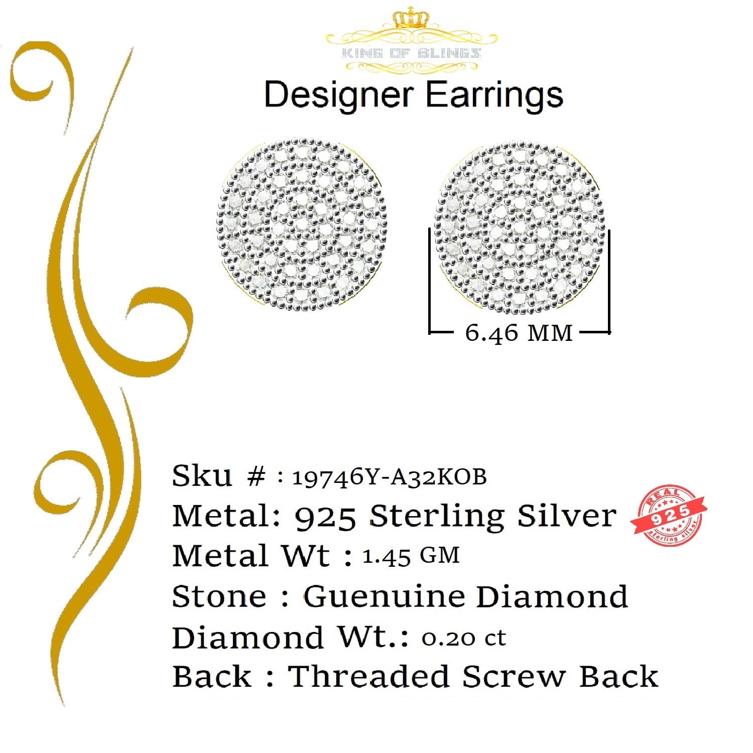 King of Bling's 925 Sterling Silver Yellow 0.20ct Diamond For Men's/Women's Stud Round Earrings