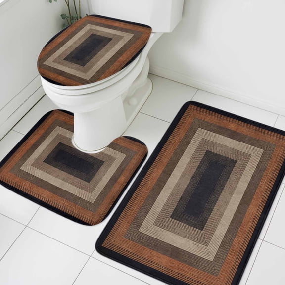 Abstract Geometric Bathroom Rugs Set Black and Brown Wood Grain Texture Border Non Slip Absorbent Soft Bath Mats 3 Piece Set with Bathroom Rug, U-Shaped Floor Mat, Toilet Seat Cover Large Size
