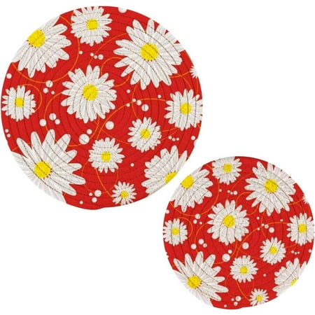 

Bestwell set of 2 Cute Daisy Chamomiles Flowers Floral Red Trivets Pot Holders Set and Placemats Set Hot Pads Table Mats for Cooking and Baking Cotton Braided Hot Pads