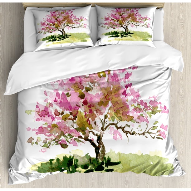 Japanese Queen Size Duvet Cover Set, Cherry Blossom Watercolor Sakura