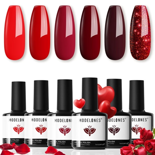 Set de esmaltes de uñas en gel Modelones, 6 colores rojos, 7 ml, San Valentín