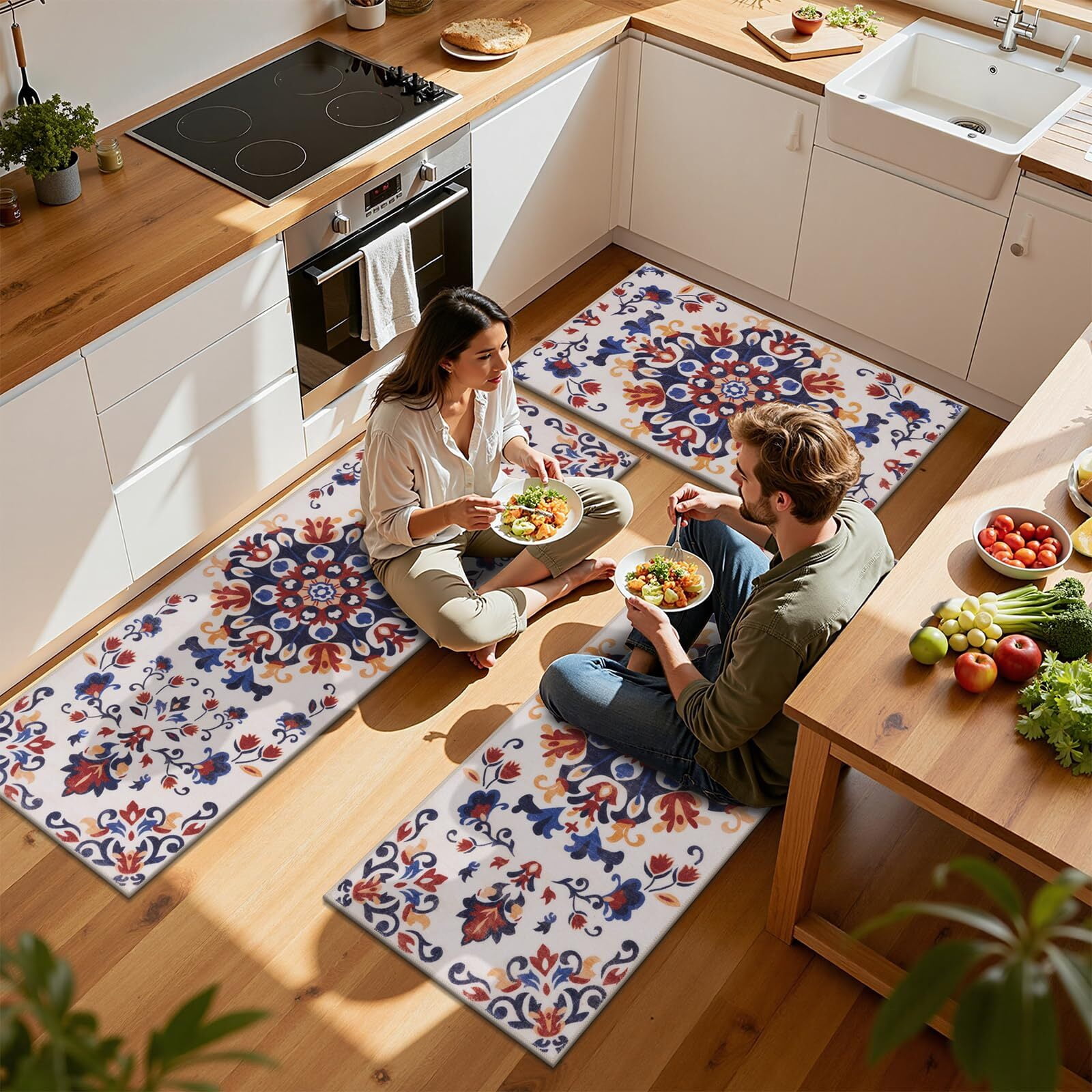 Findosom 3pcs Washable Kitchen Rug Set,Non-Slip Floral Boho Kitchen Mats Kitchen Runner Rug Floor Carpet for Hardwood Floor,Sink,Entryway,Bathroom,Home Decor,20"x32"+20"x48"+20"x59"