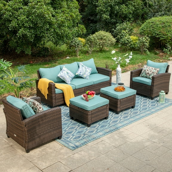 MF Studio 7-Seat Outdoor Patio Conversation Set Wicker Furniture Sofa Set Blue
