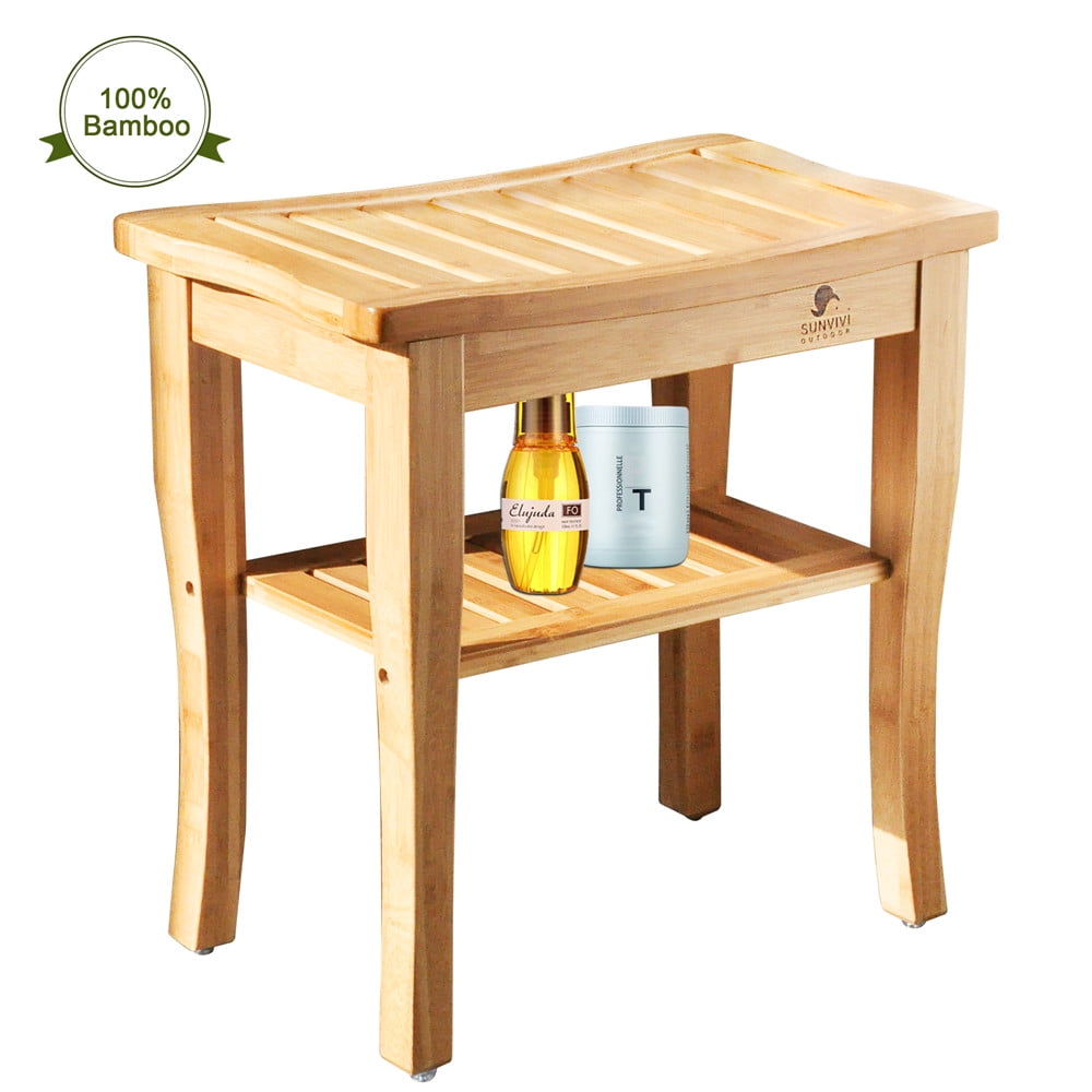 Bamboo Shower Bench, Spa Bath Seat Stool with 2Tier Storage Shelf