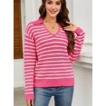 thumbnail image 2 of Womens Sweaters 2025 V Neck Long Sleeve Striped Tops Fall Winter Comfy Knit Clothes Pullover Sweater Pink & White M, 2 of 7