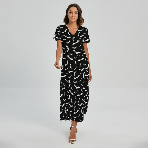 Black And White Halloween Bat Printed Short Sleeve Maxi Dress, Halloween Decorative Fashion Summer Maxi Dress For Women