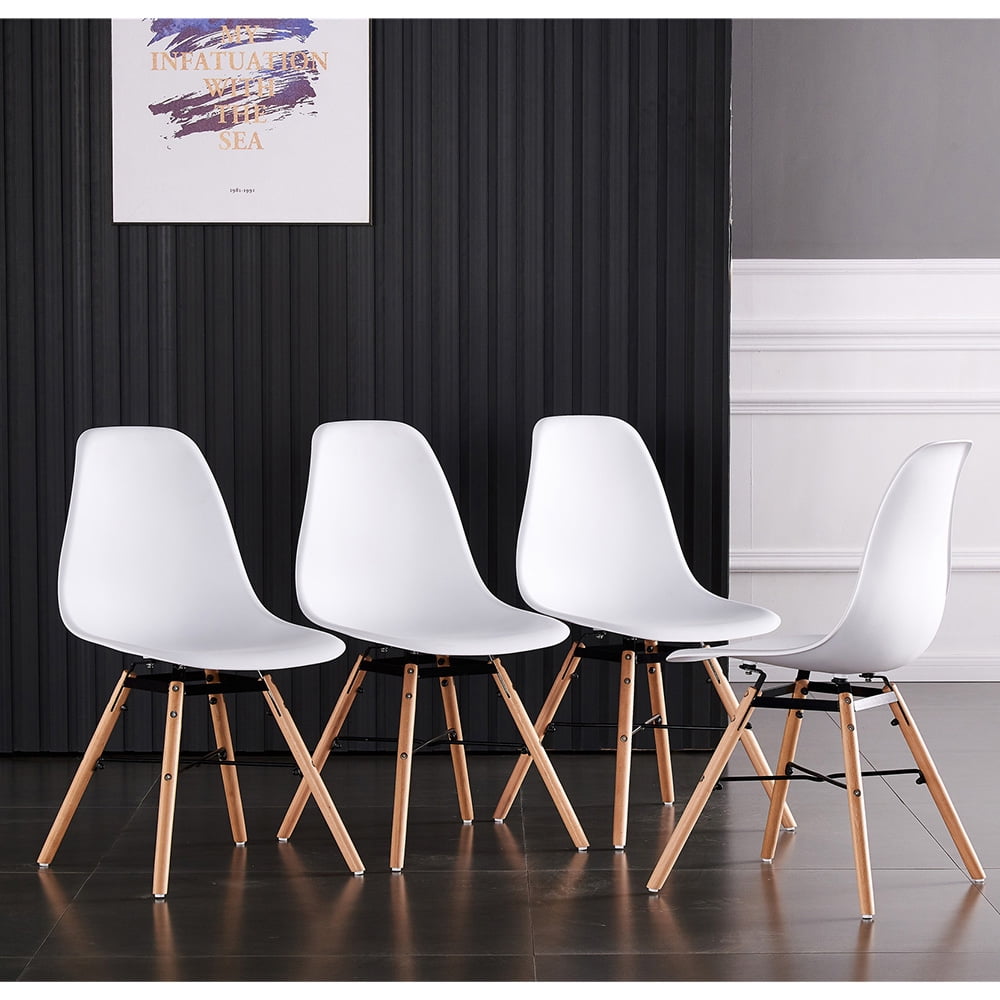 Kepooman Retro Plastic Shell Chairs with Solid Wood Legs, Set of 4, White Kepooman Retro Plastic Shell Chairs with Solid Wood Legs, Set of 4, White