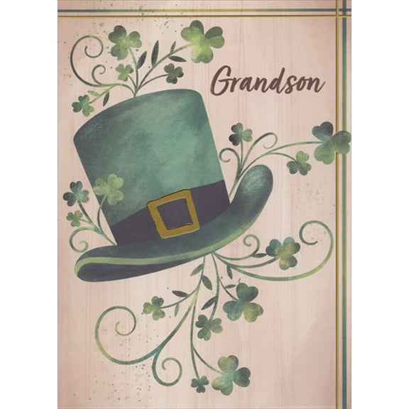 Designer Greetings Green Hat with Gold Foil Buckle and Vines of Shamrocks St. Patrick's Day Card for Grandson