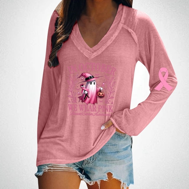 MHFRRA Una Camiseta de Manga Larga con Cuello En V, Moderna e Informal, para Mujer. Rosa