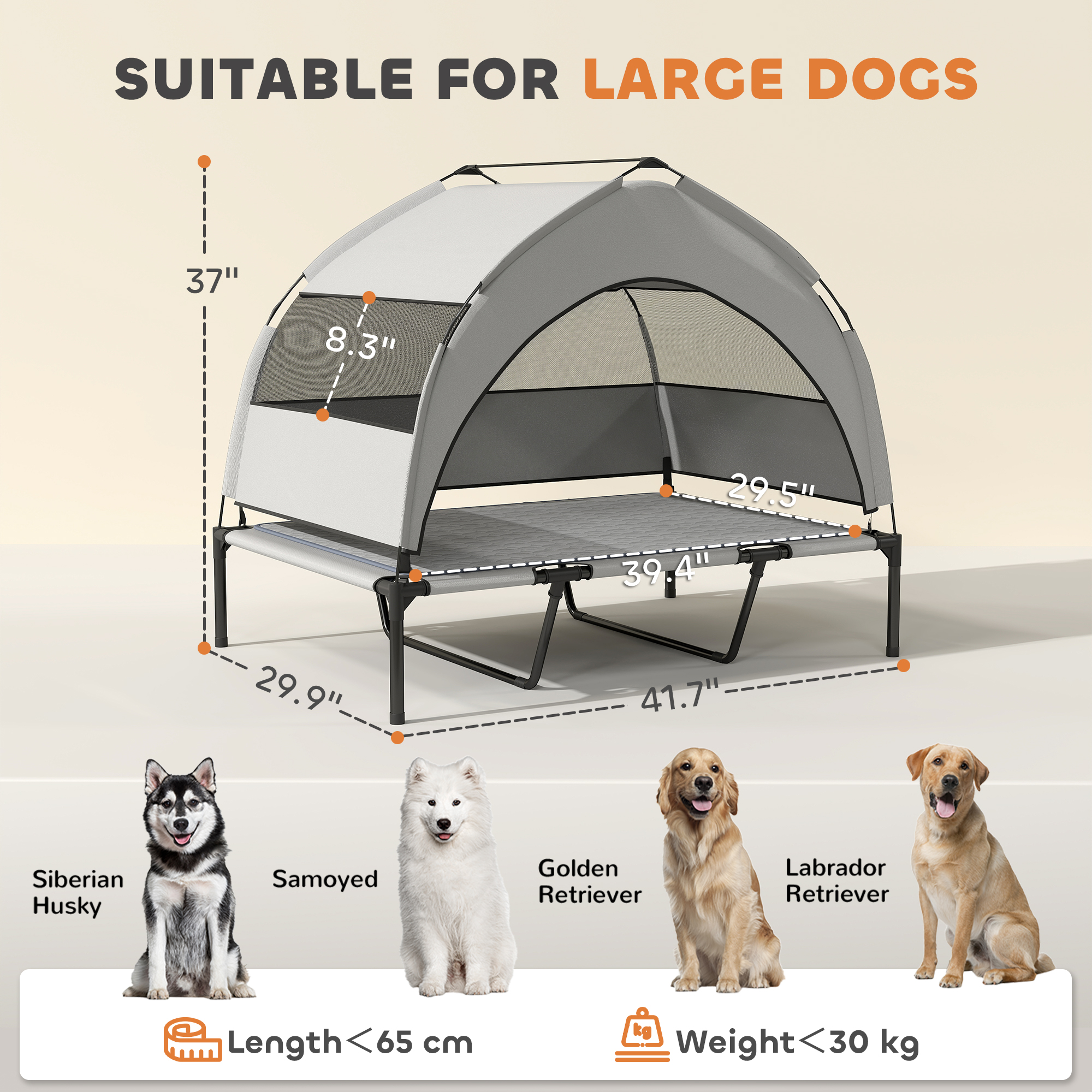 PawHut Elevated Dog Bed, Portable Raised Pet Bed with Removable Canopy, Cooling Pad, Storage Bag, Outside Pet Cot for Large Dogs, 42" x 30" x 37"