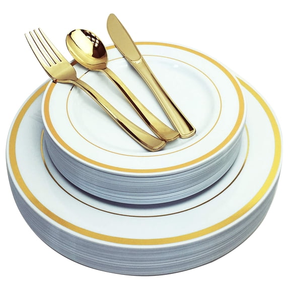 JL Prime 125 Piece Gold Plastic AFN1Plates & Cutlery Set, Heavy Duty Disposable Plastic Plates with Gold Rim & Silverware for Party & Wedding, Dinner & Salad Plates Forks Knives Spoons 25 Each