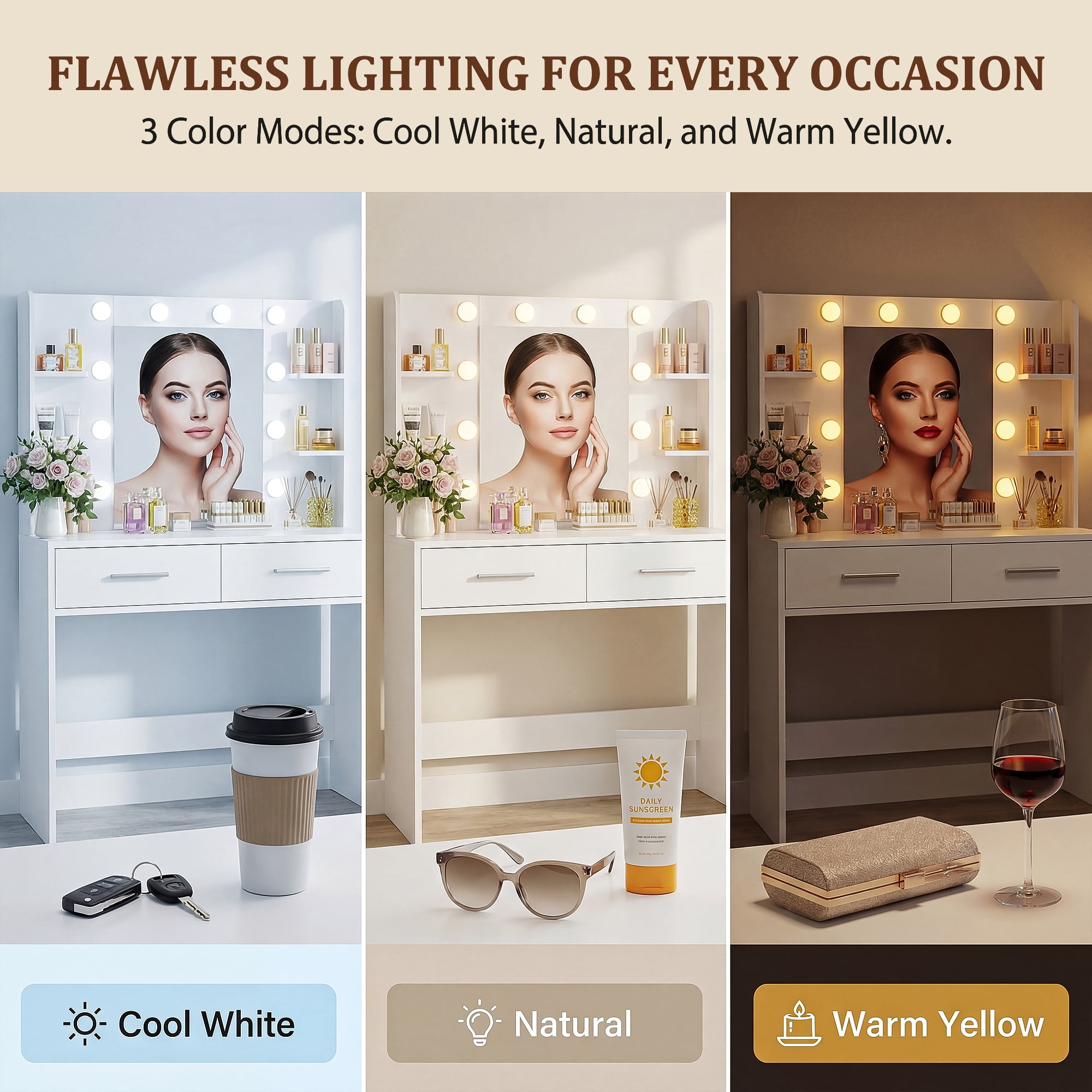Homall Makeup Vanity Set with Mirror & 3 Modes Lights, Vanity Desk with Storage Drawers & Shelves, Vanity Table with Power Outlet for Bedroom Dressing Room, White