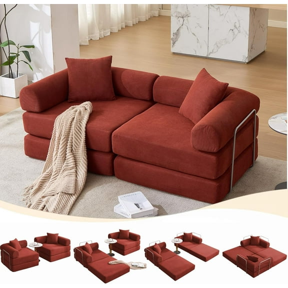 73''Convertible Sleeper Sofa Modular Couch for Living Room, Corduroy Floor Sleeper Sofa Bed with Fixed-Shape Frame, Comfy Boneless Cloud Couch Loveseat, No Assembly Required,Red