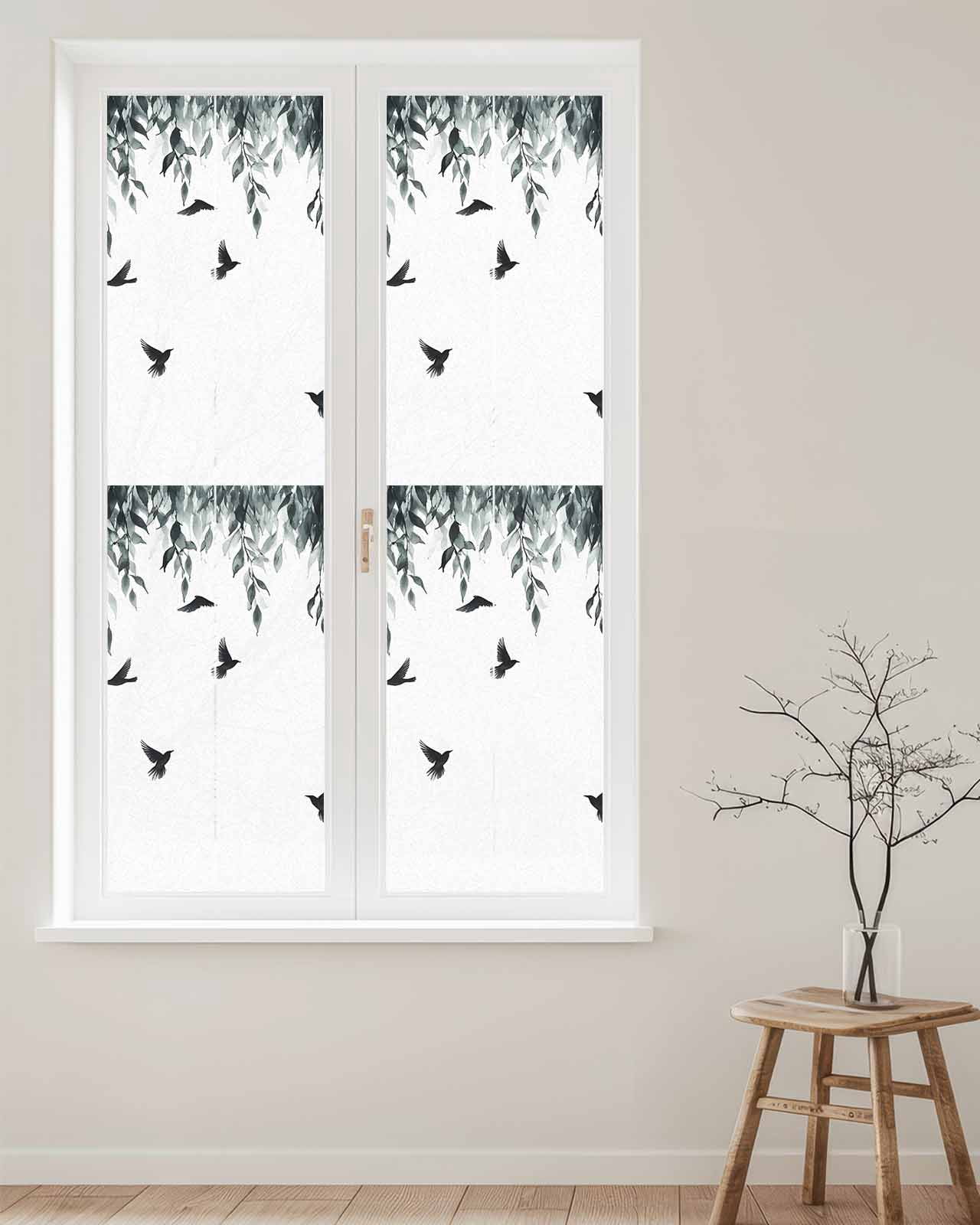 Window Privacy Film Leaf Bird Stained Glass Window Film Decorative Sun Block Window Cover Vine Watercolor Plant Country Style Branch Window Clings Static Adhesive Sticker for Bathroom 29.5"x118"