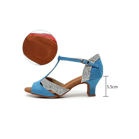 

Lacyhop Ladies Dance Shoes T-Strap Heeled Sandal Mid Heel Sandals Party Lightweight Chunky Heels Fashion Peep Toe Jazz Shoe Blue Silver Faux Fur Bottom 6.5