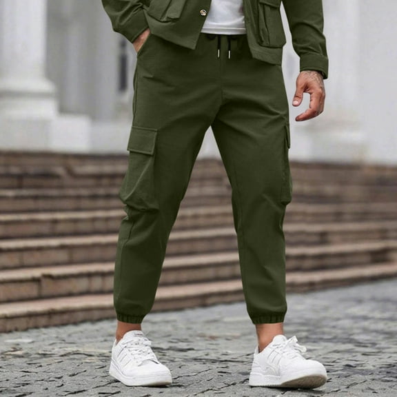 Handshe Men's Cargo Pants, Casual Solid Color with Drawstring Pockets and Elastic Waist, Relaxed Fit for Casual Outings and Everyday Wear