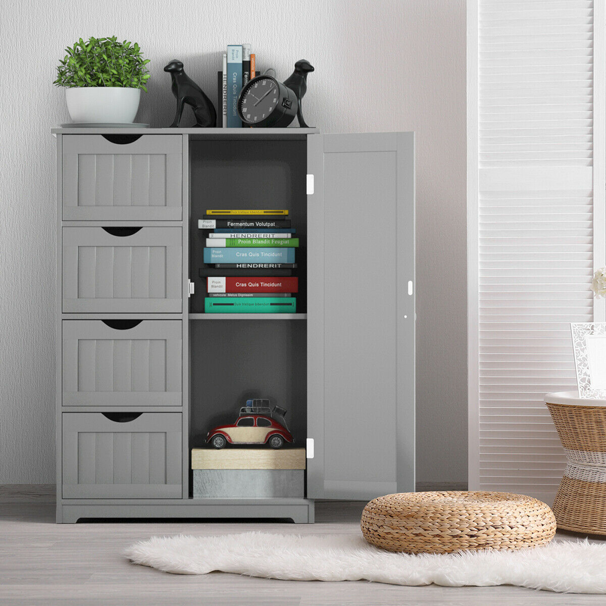 Gymax Bathroom Floor Cabinet Storage Organizer Cupboard w/ 4 Drawers Adjustable Shelf Grey - image 3 of 10