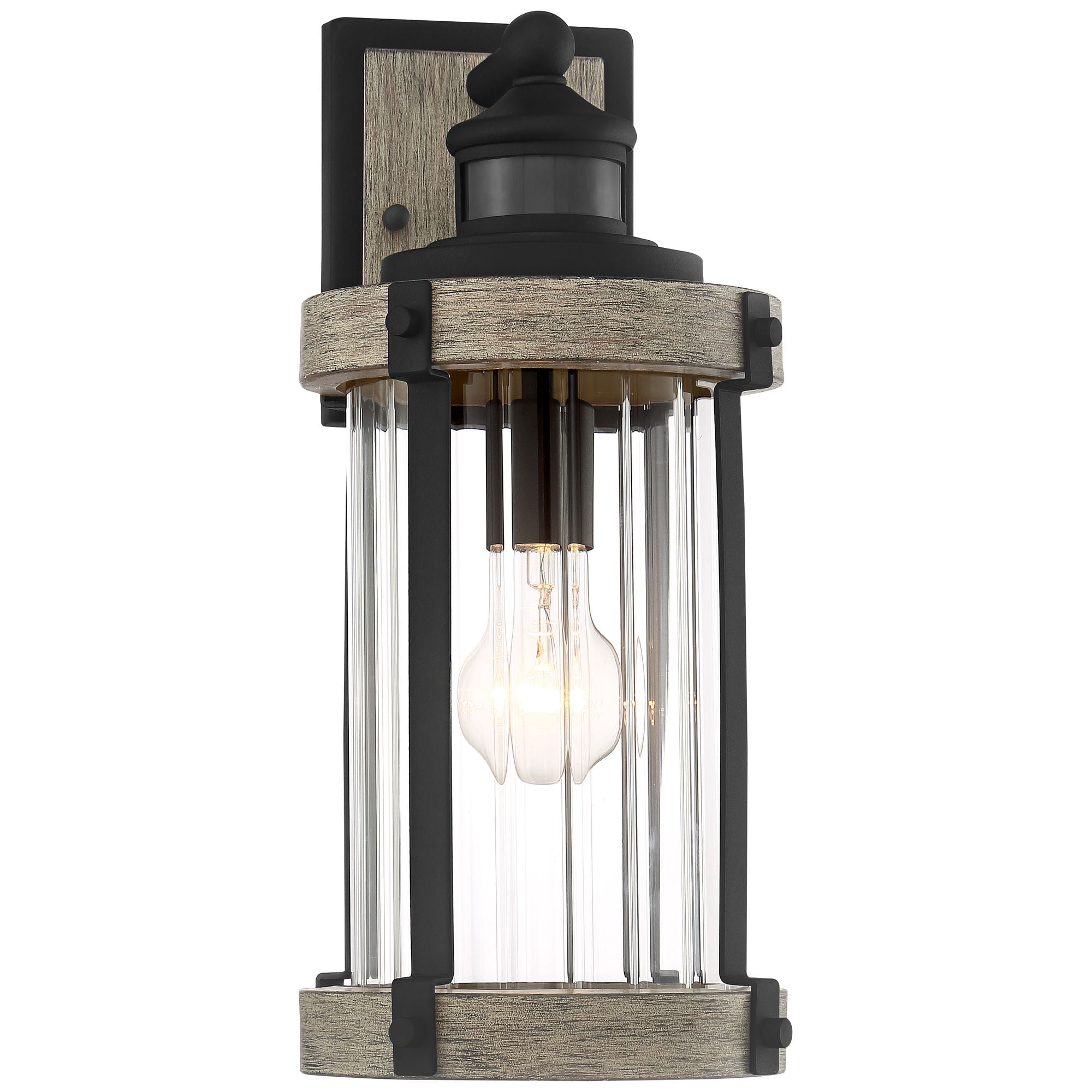 John Timberland Stan Rustic Farmhouse Outdoor Wall Light Fixture Gray Faux Wood Black Motion Sensor 15 1/2" Clear Ribbed Glass for Post Exterior Barn