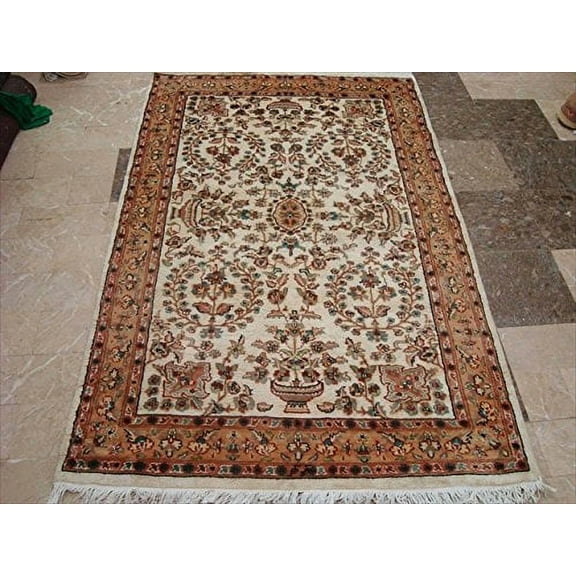 Ahmedani Linen Wow Abrask Ivory Medallion Home Decor Living Room & Bedroom Area Rug Hand Knotted Wool Silk Carpet (6 x 4)'