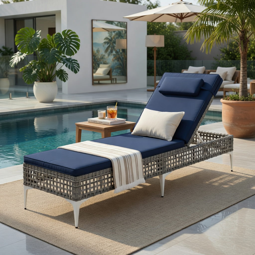 Hommoo Outdoor Chaise Lounge Chair with 6-Position Adjustable Backrest & Headrest, PE Rattan Patio Lounger for Poolside, Backyard, and Garden, Navy Blue