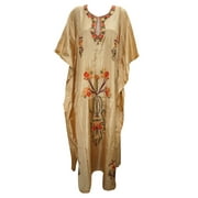 Mogul Women's Caftan Dress Beige Kashmiri Embroidered Kaftan Resort Wear Dresses