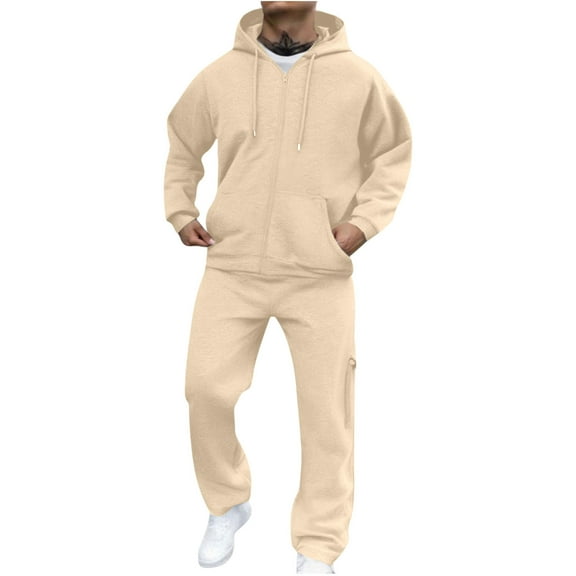 Wdfiry Men's 2 Piece Hooded Sweatsuits Solid Color Lightweight Plus Size Long Sleeve Workout Sets Zipper Drawstring Hoodie Sweatshirts and Wide Leg Sweatpants Sets