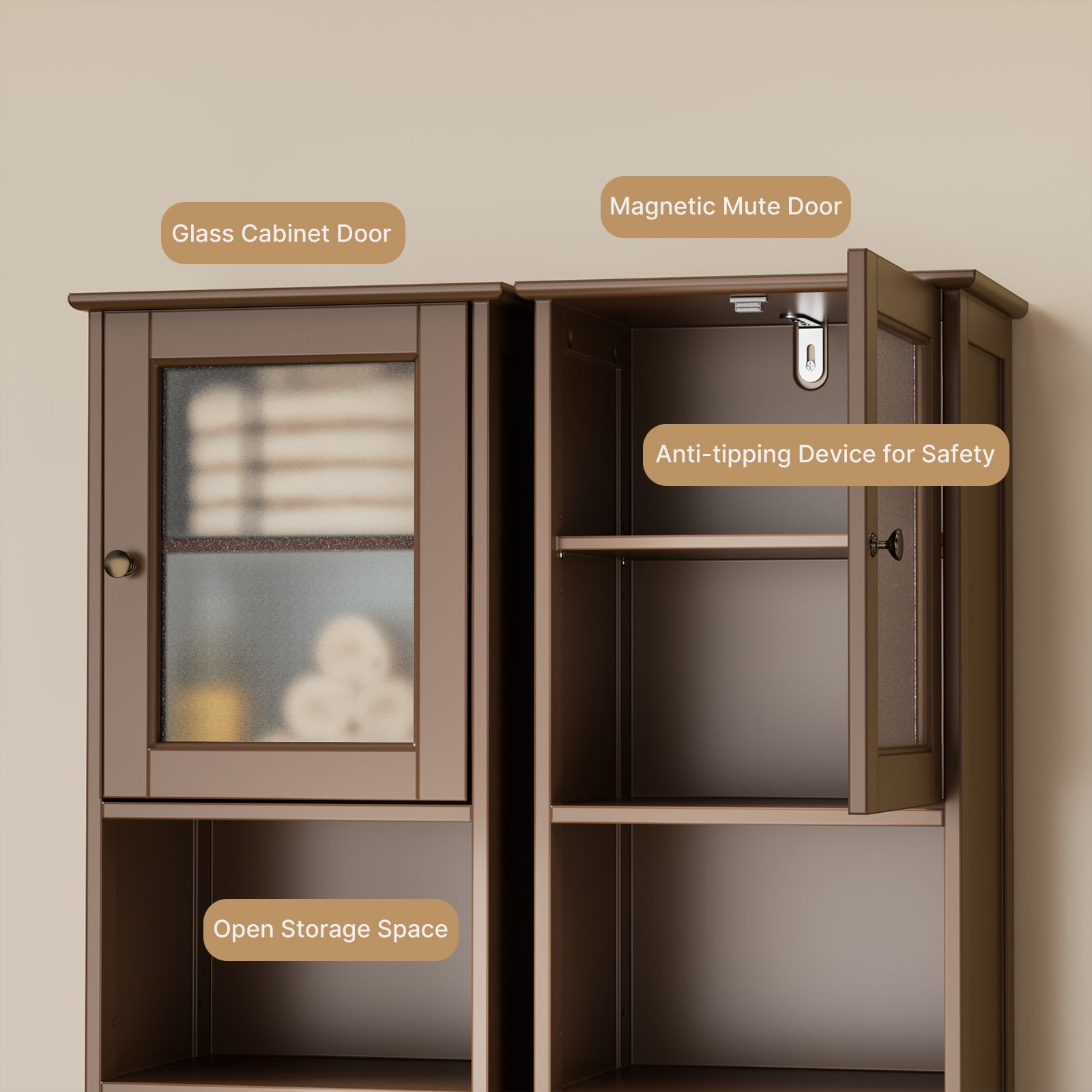 Tall Bathroom Storage Tower, 67.1" Bathroom Cabinet with Adjustable Shelves and Open Shelves for Bathroom, Living Room, Brown